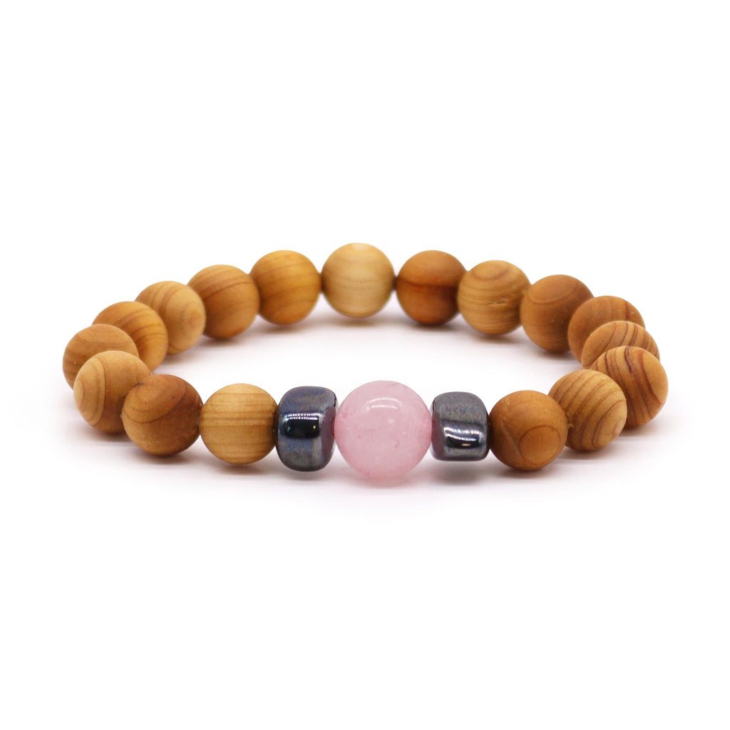 Bracelet jonc en bois de cèdre et quartz rose, chakra du cœur