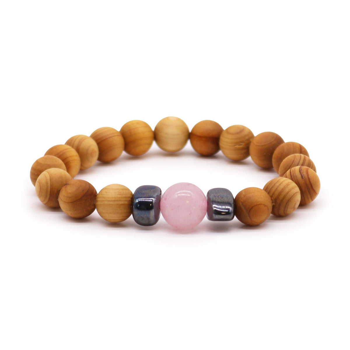 Bracelet jonc en bois de cèdre et quartz rose, chakra du cœur