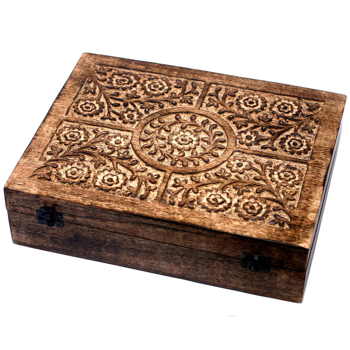 * Coffret d’aromathérapie en bois de manguier – Motifs floraux – 80 flacons