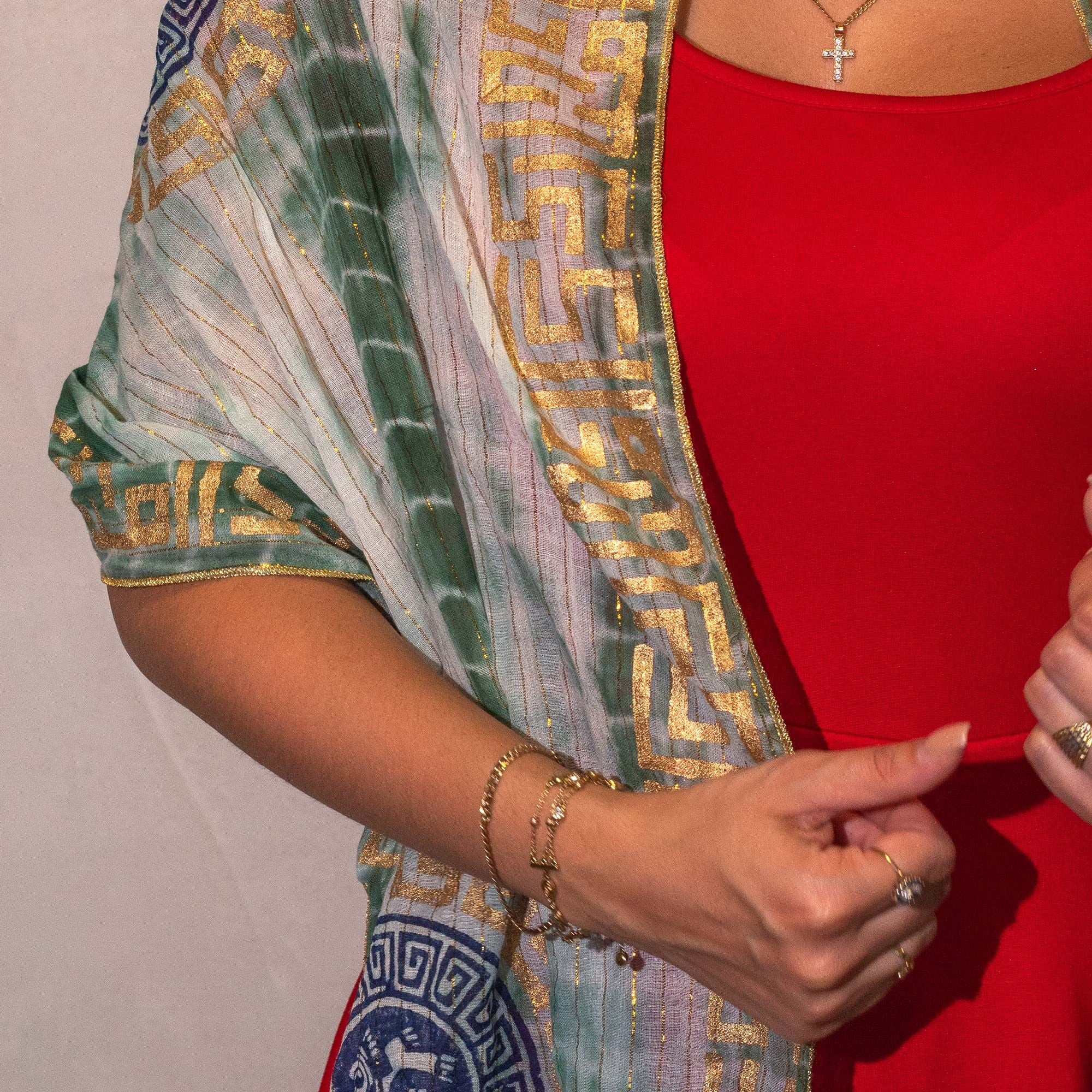 Foulard Femme Vert & Or Imprimé Marbella avec Franges – Collection Nomad Sari Summer (180x50cm)