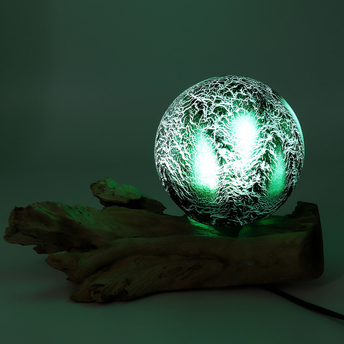 * Lampe DriftGlow en bois flotté, abat-jour craquelé vert émeraude