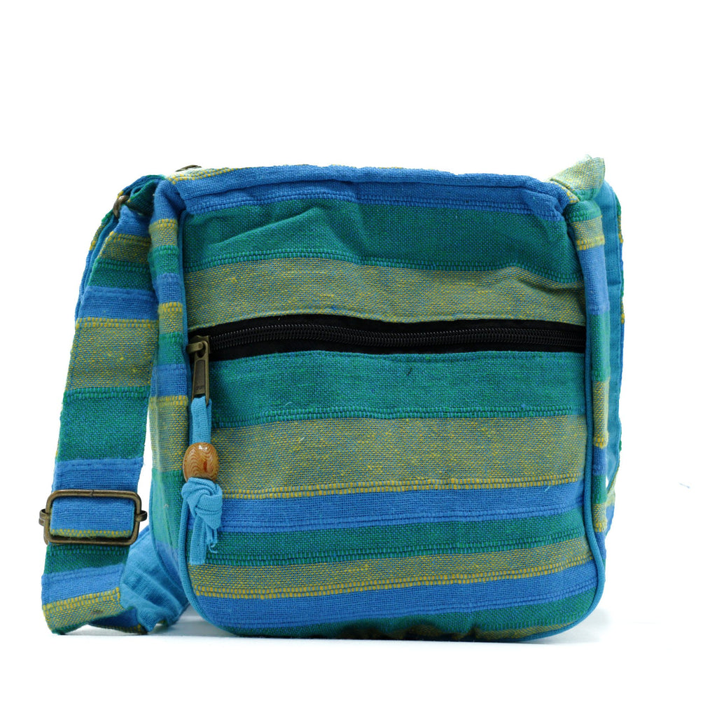 Grand Sac Sling Népalais – Prairies Printanières Vert & Bleu | Sangle Réglable | Artisanal