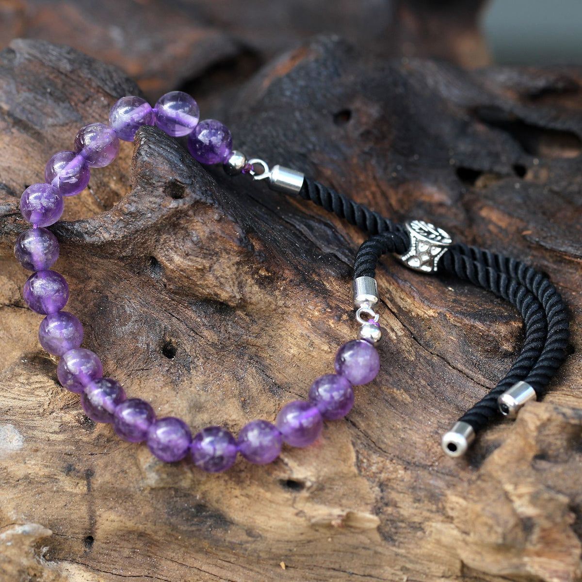 Bracelet à cordon noir en améthyste avec fermoir plaqué argent 925