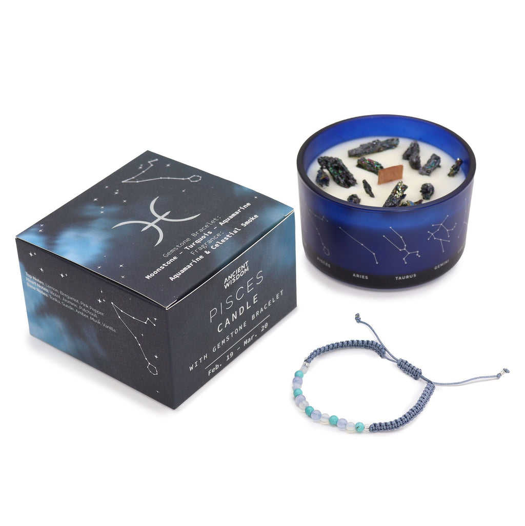 * Bougie Cristal Zodiaque avec Bracelet en Pierres Précieuses – Poissons