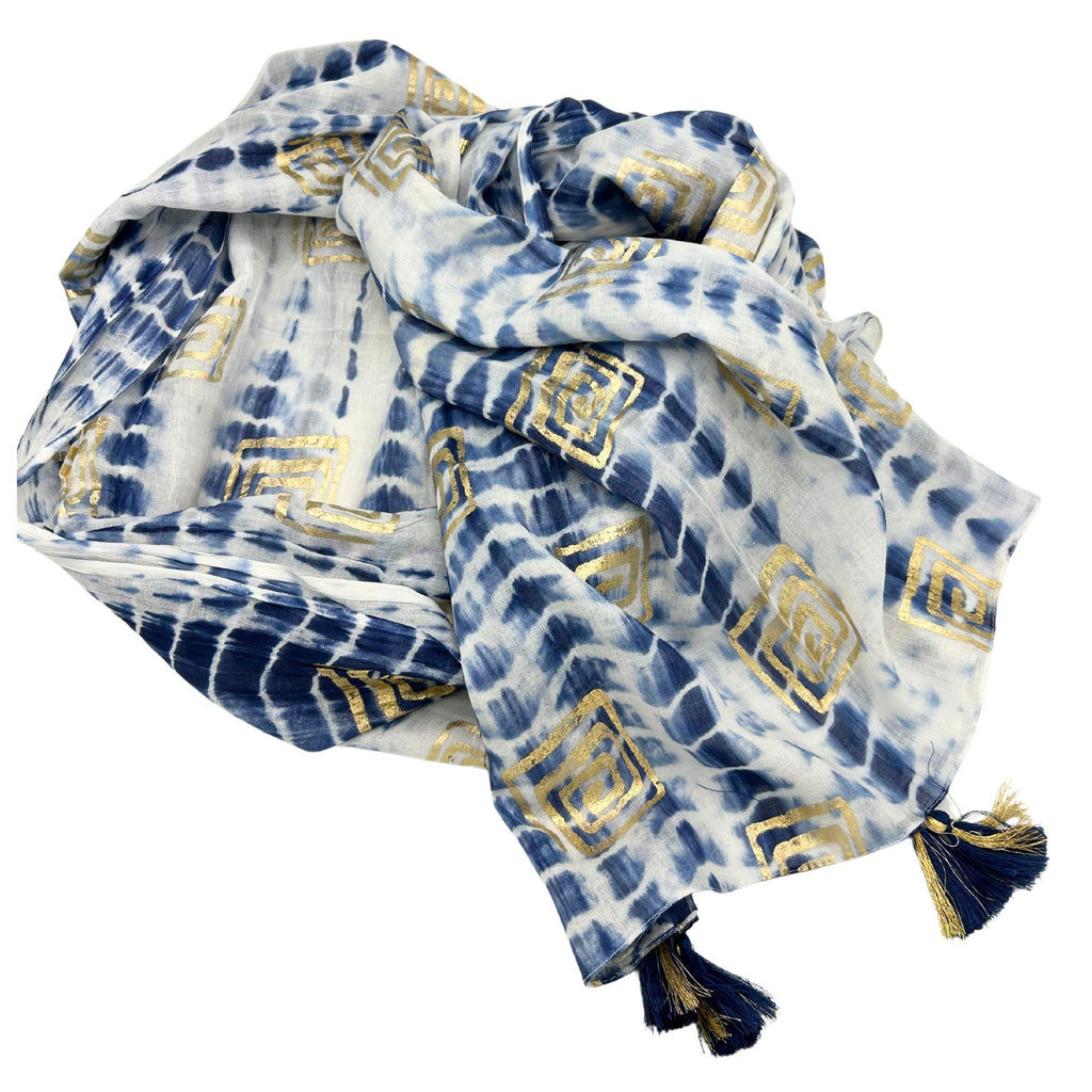 Paréo Femme Bleu Tie-Dye & Blockprint Peint à la Main – Collection Nomad Sari Méditerranée