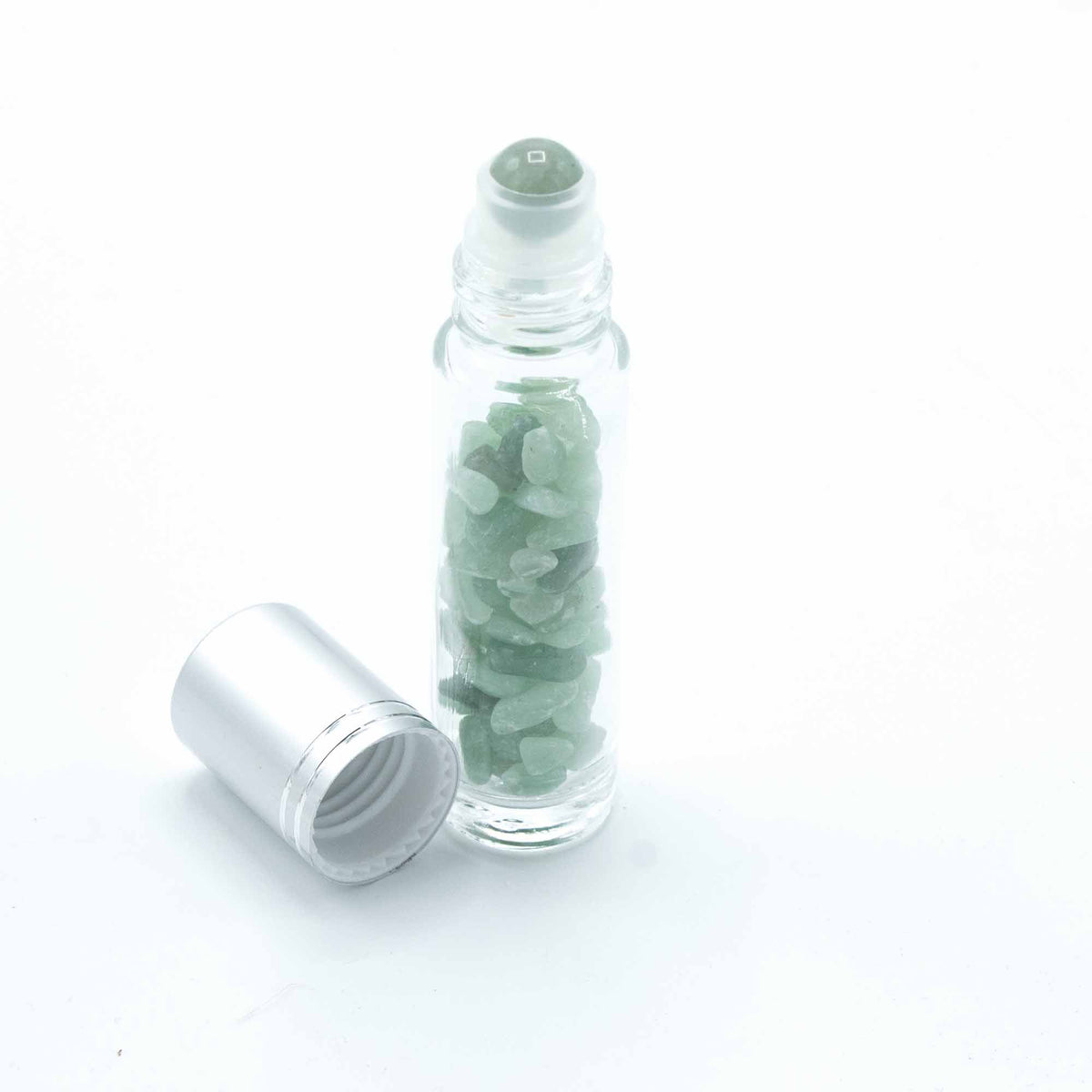 * Flacon roll-on pour huiles essentielles en aventurine – 5 ml, bouchon argenté et bille en aventurine