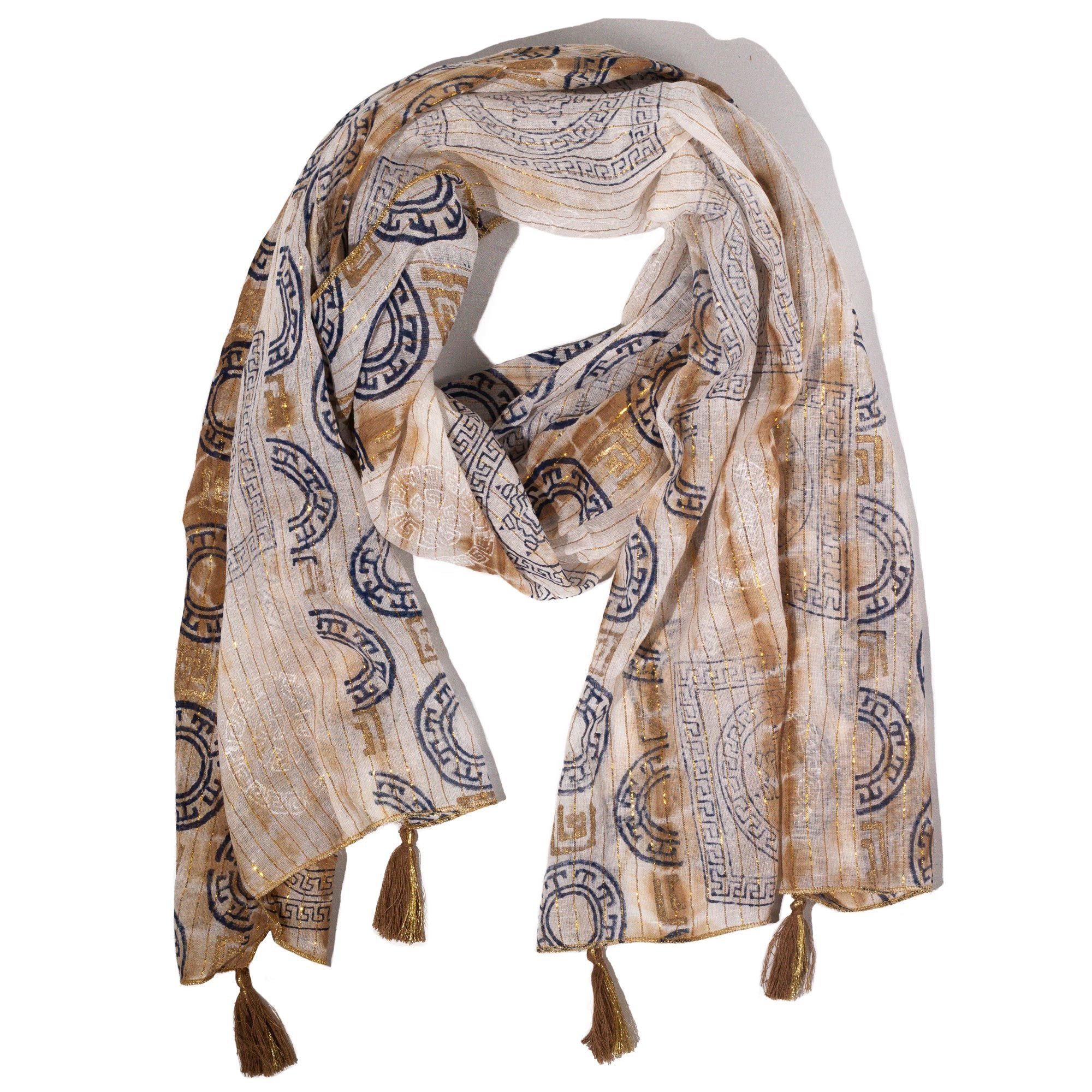 Foulard Femme Café & Or Imprimé Marbella avec Franges – Collection Nomad Sari Summer (180x50cm)