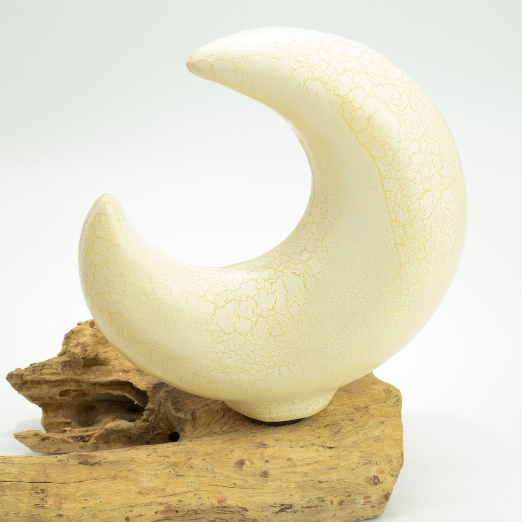 * Lampe DriftGlow – Abat-jour lune gris craquelé et pied en bois flotté