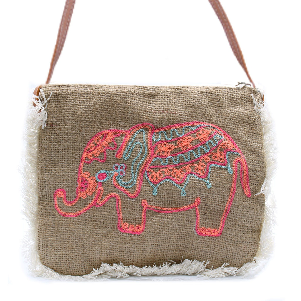 Sac À Franges Broderie Éléphant – Jute Artisanal Bali | Ultra-Léger 94g | Brodé Main