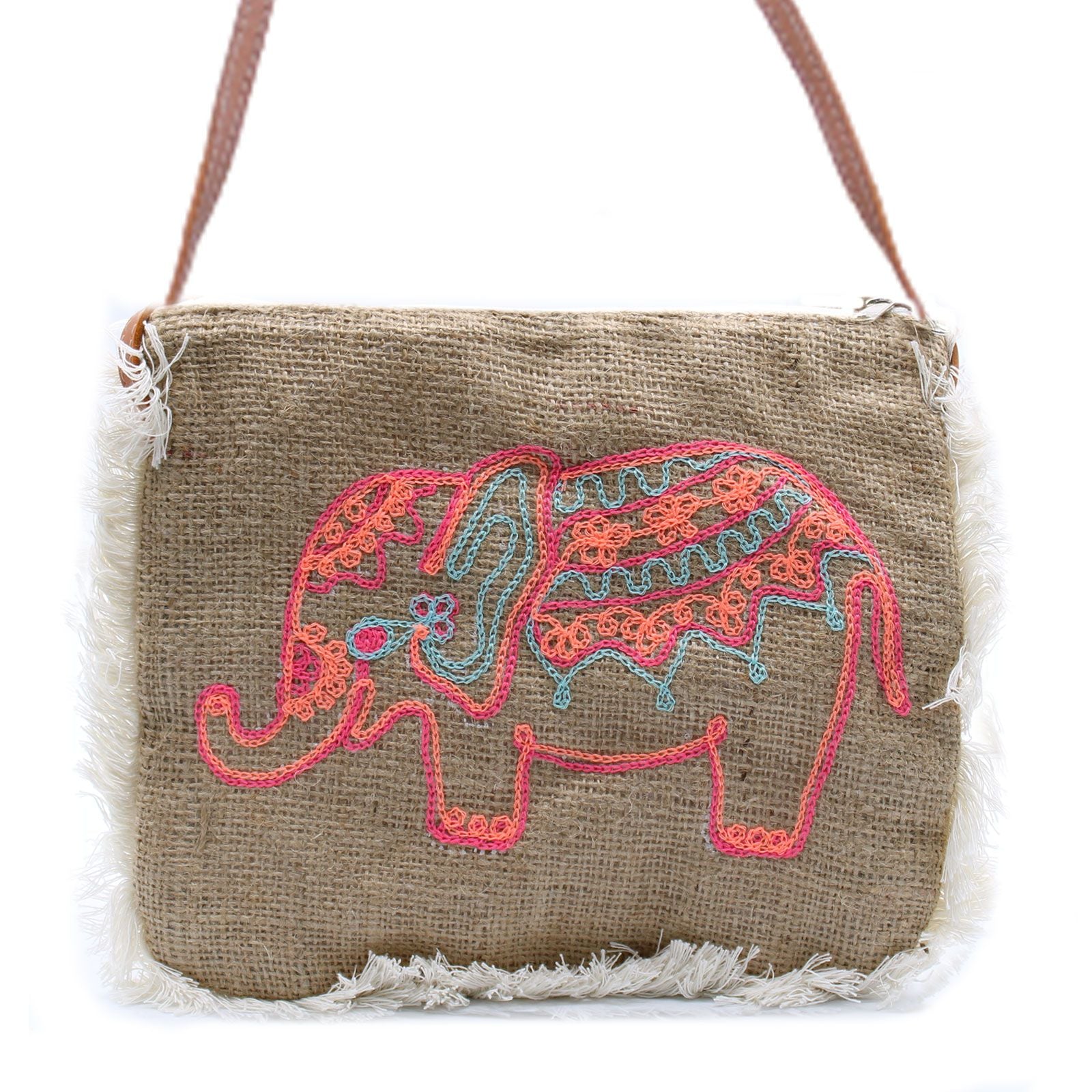 Sac À Franges Broderie Éléphant – Jute Artisanal Bali | Ultra-Léger 94g | Brodé Main