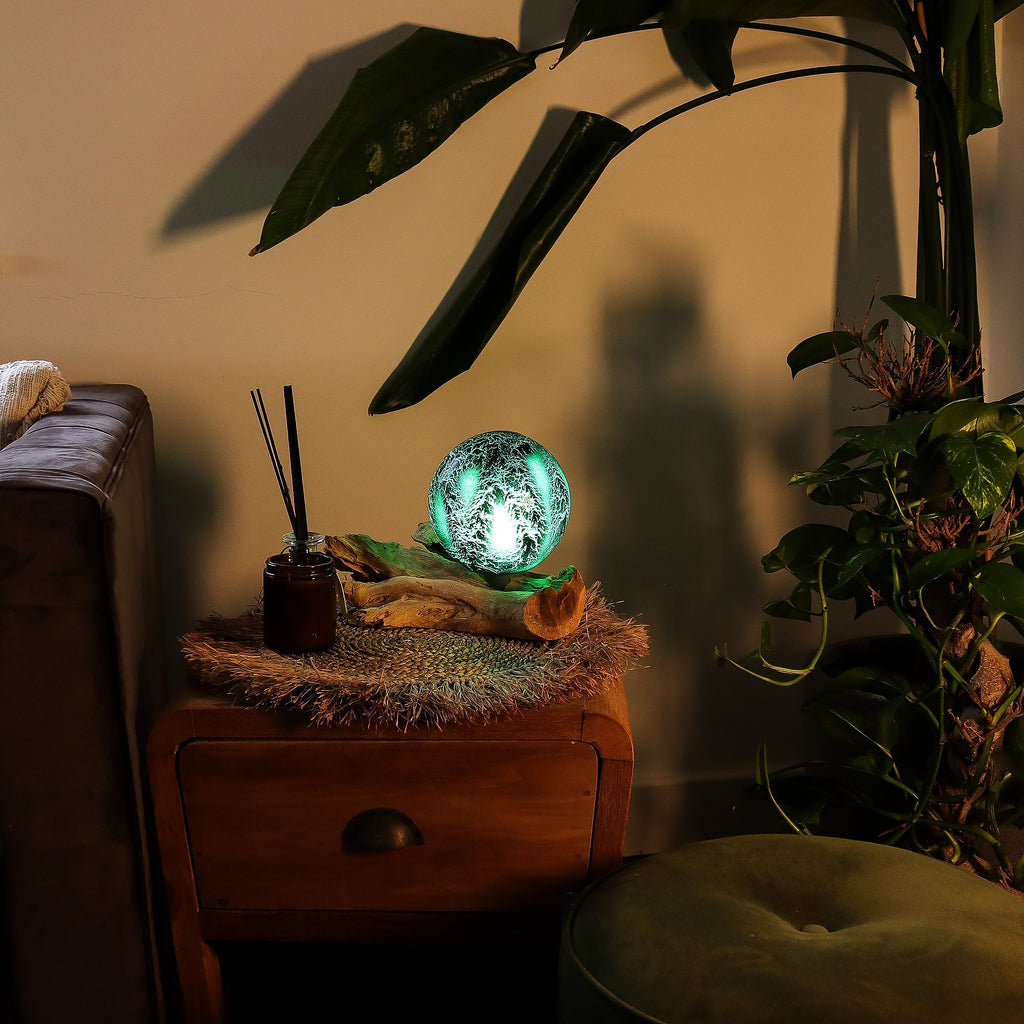 * Lampe DriftGlow en bois flotté, abat-jour craquelé vert émeraude