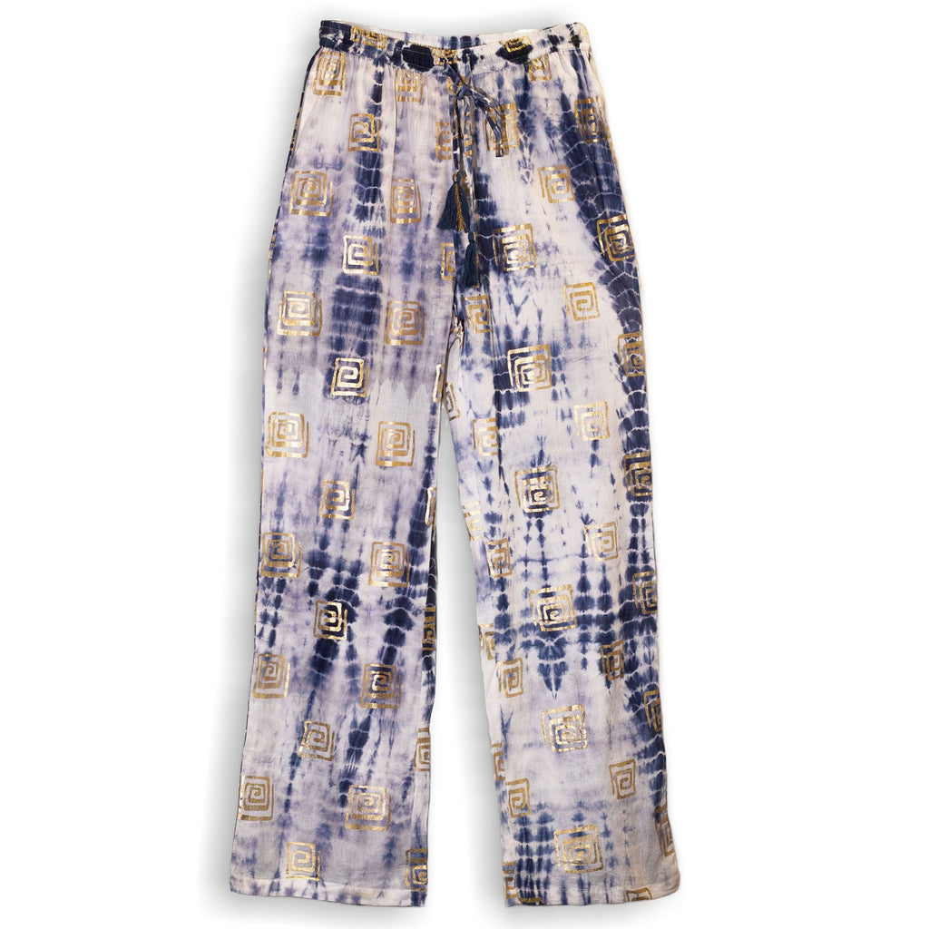 Pantalon Lounge Femme Motifs Grecs Or & Bleu Peint à la Main – Collection Nomad Sari Méditerranée (L/XL)