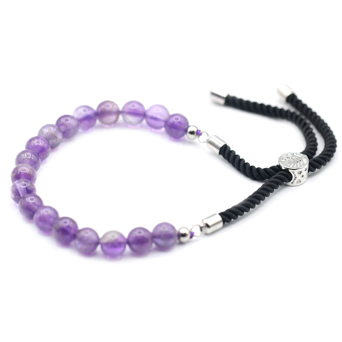 Bracelet à cordon noir en améthyste avec fermoir plaqué argent 925