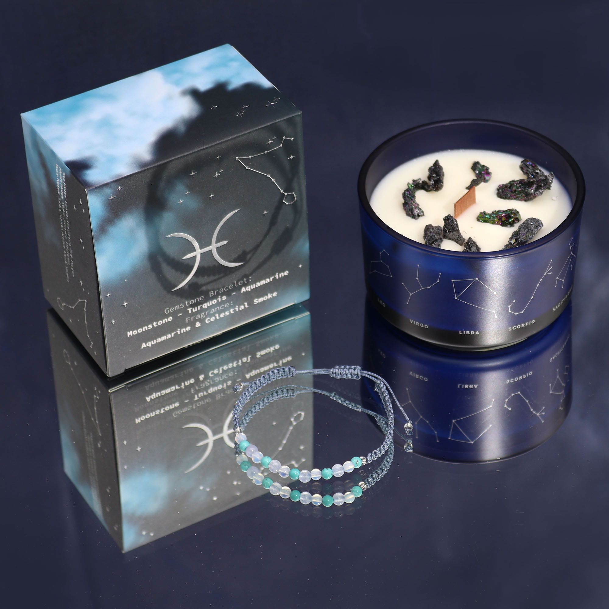 * Bougie Cristal Zodiaque avec Bracelet en Pierres Précieuses – Poissons
