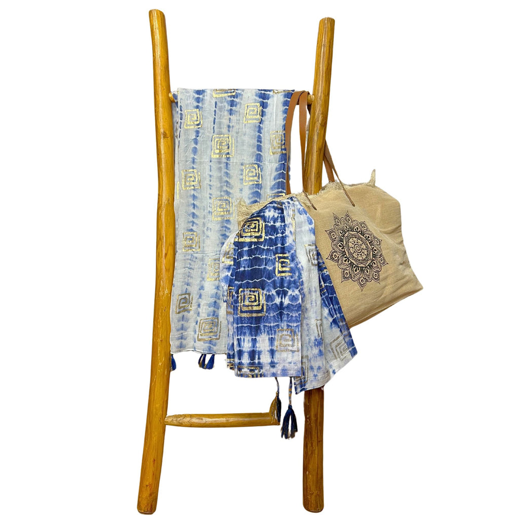 Paréo Femme Bleu Tie-Dye & Blockprint Peint à la Main – Collection Nomad Sari Méditerranée