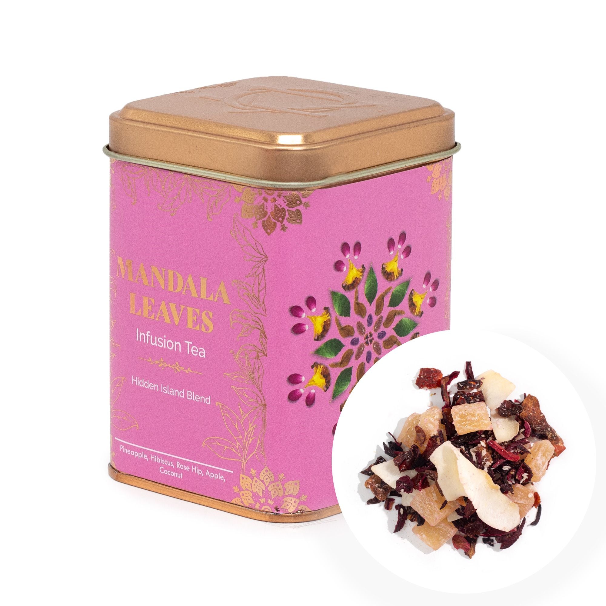 Îles Cachées 50g – Infusion Ananas Noix de Coco Hibiscus | Boîte Métallique Tropicale