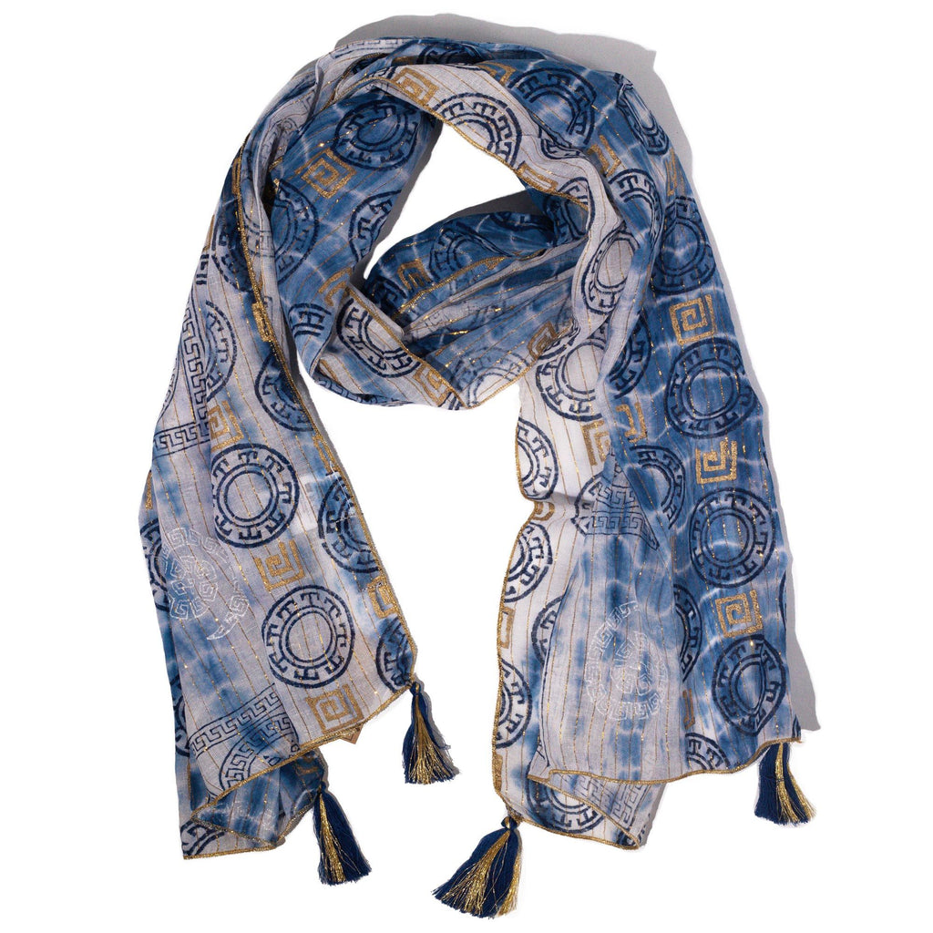 Foulard Femme Bleu & Or Imprimé Marbella avec Franges – Collection Nomad Sari Summer (180x50cm)