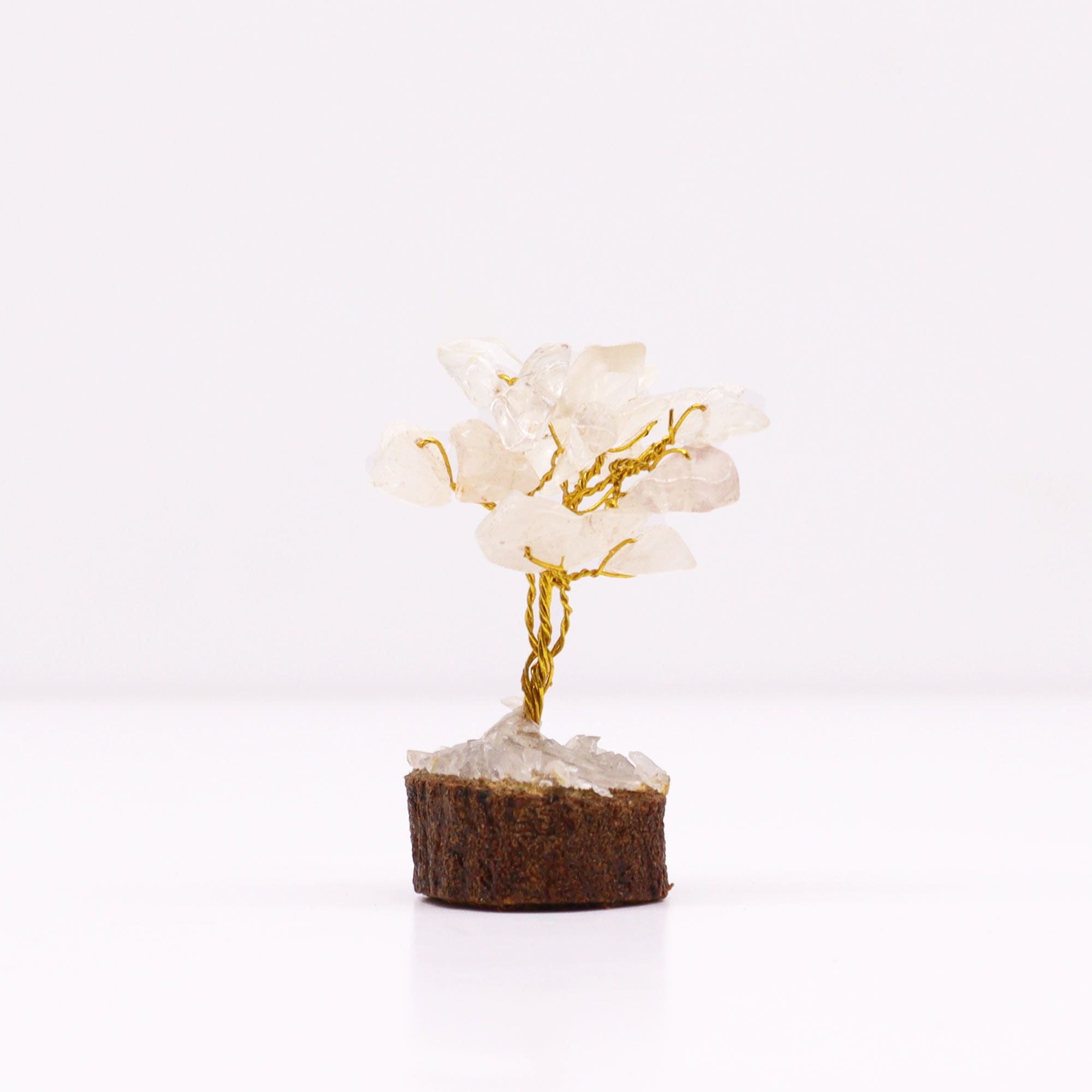 Mini Arbres en Pierres Précieuses sur Socle en Bois – Quartz Cristal de Roche (15 pierres)
