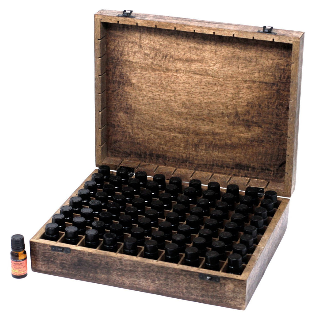 * Coffret d’aromathérapie en bois de manguier – Motifs floraux – 80 flacons