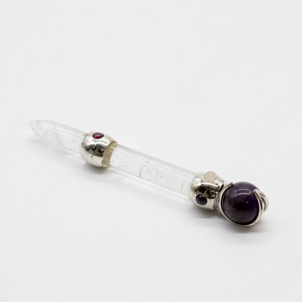 * Baguette Prisme céleste en améthyste – Sphère mobile et tige en quartz, 12 cm
