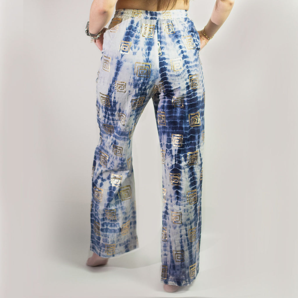 Pantalon Lounge Femme Motifs Grecs Or & Bleu Peint à la Main – Collection Nomad Sari Méditerranée (M/L)