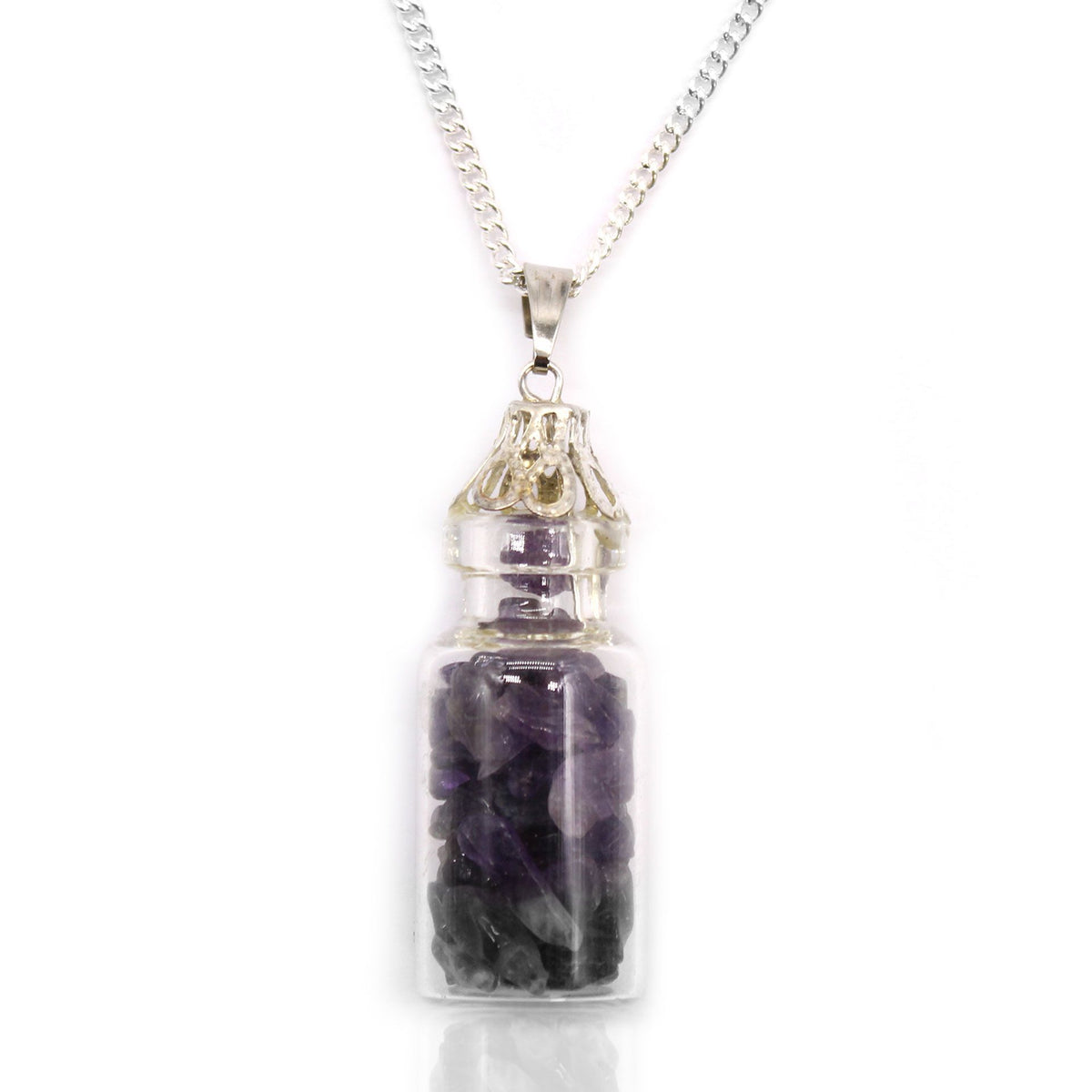 Collier fiole de pierres d’améthyste