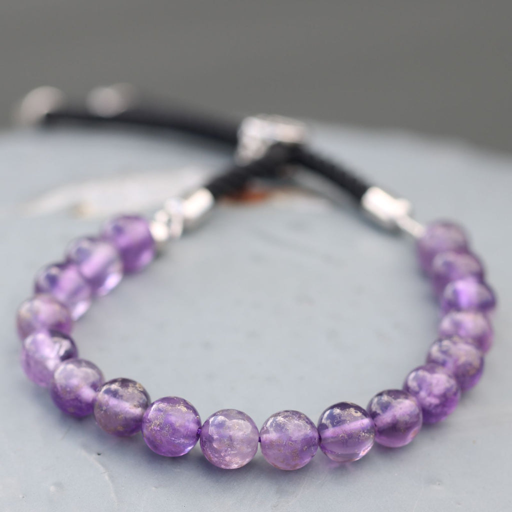 Bracelet à cordon noir en améthyste avec fermoir plaqué argent 925