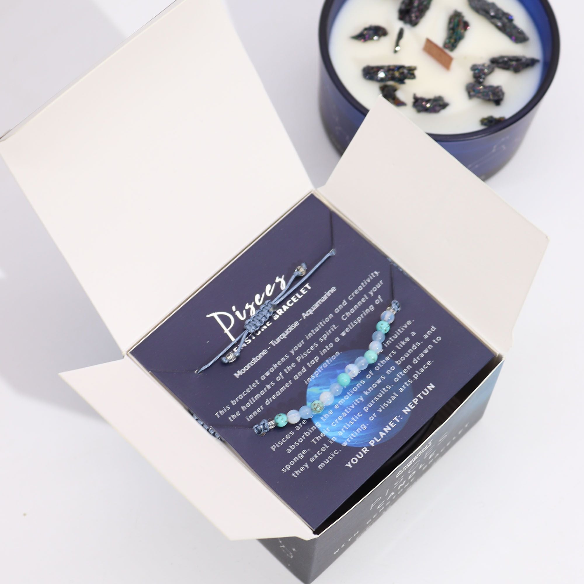 * Bougie Cristal Zodiaque avec Bracelet en Pierres Précieuses – Poissons