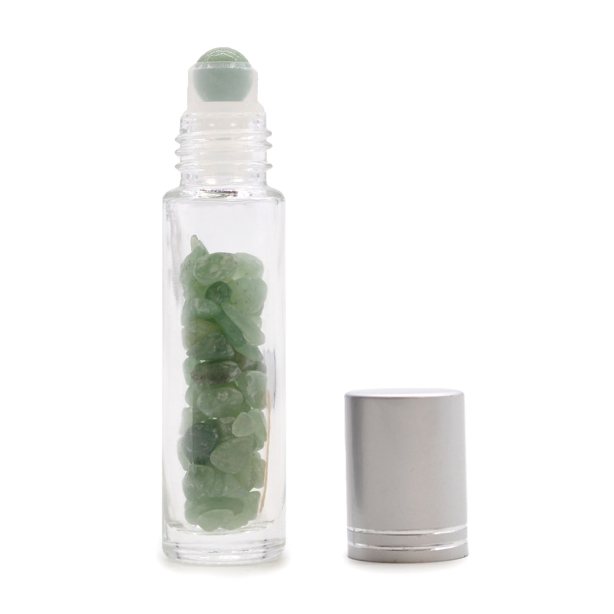 * Flacon roll-on pour huiles essentielles en aventurine – 5 ml, bouchon argenté et bille en aventurine