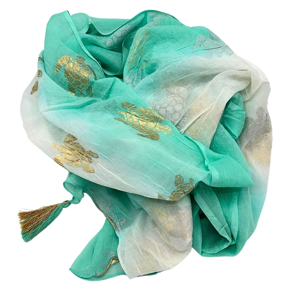 Paréo Femme Blanc & Turquoise Tortue Dorée Peinte à la Main – Collection Nomad Sari Méditerranée
