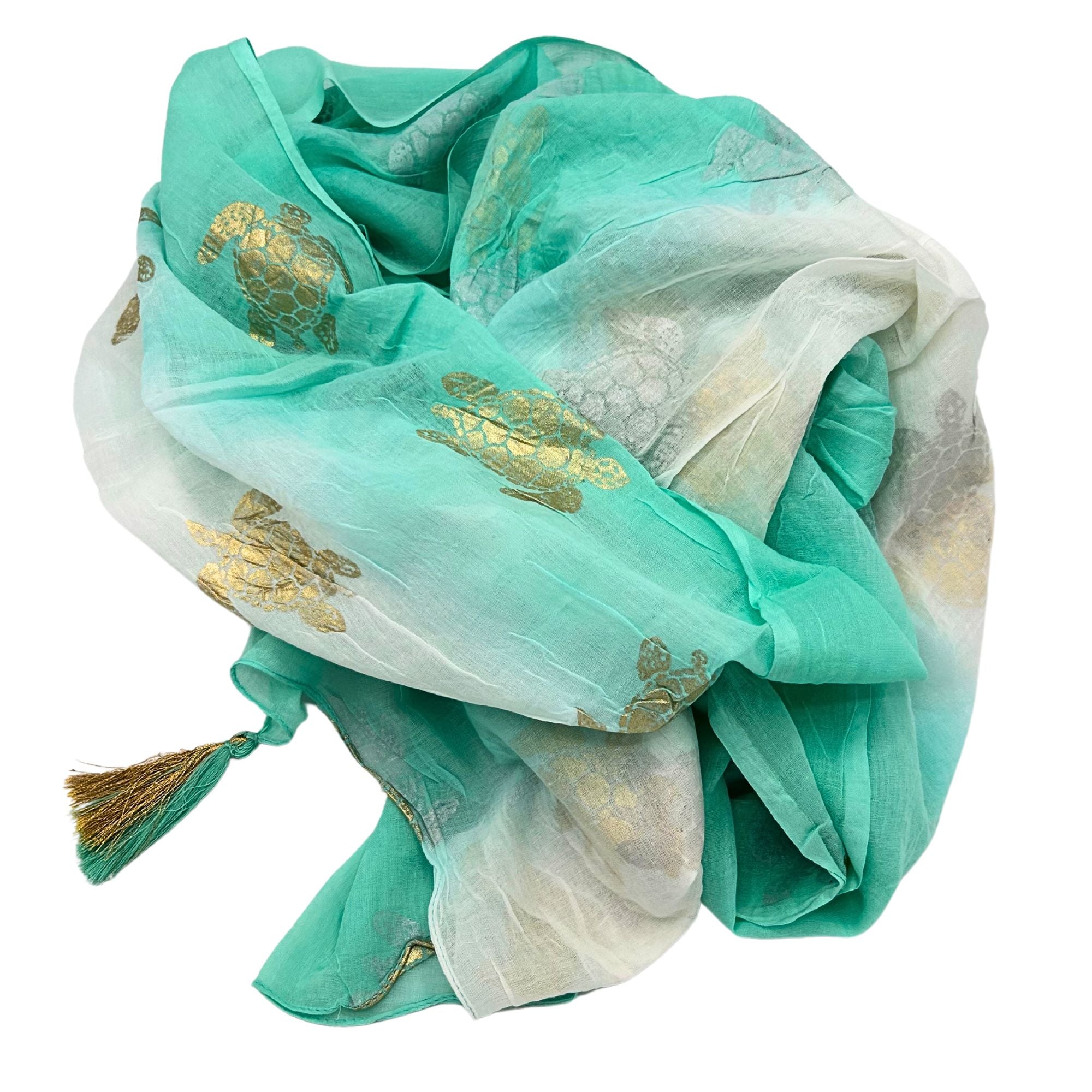 Paréo Femme Blanc & Turquoise Tortue Dorée Peinte à la Main – Collection Nomad Sari Méditerranée