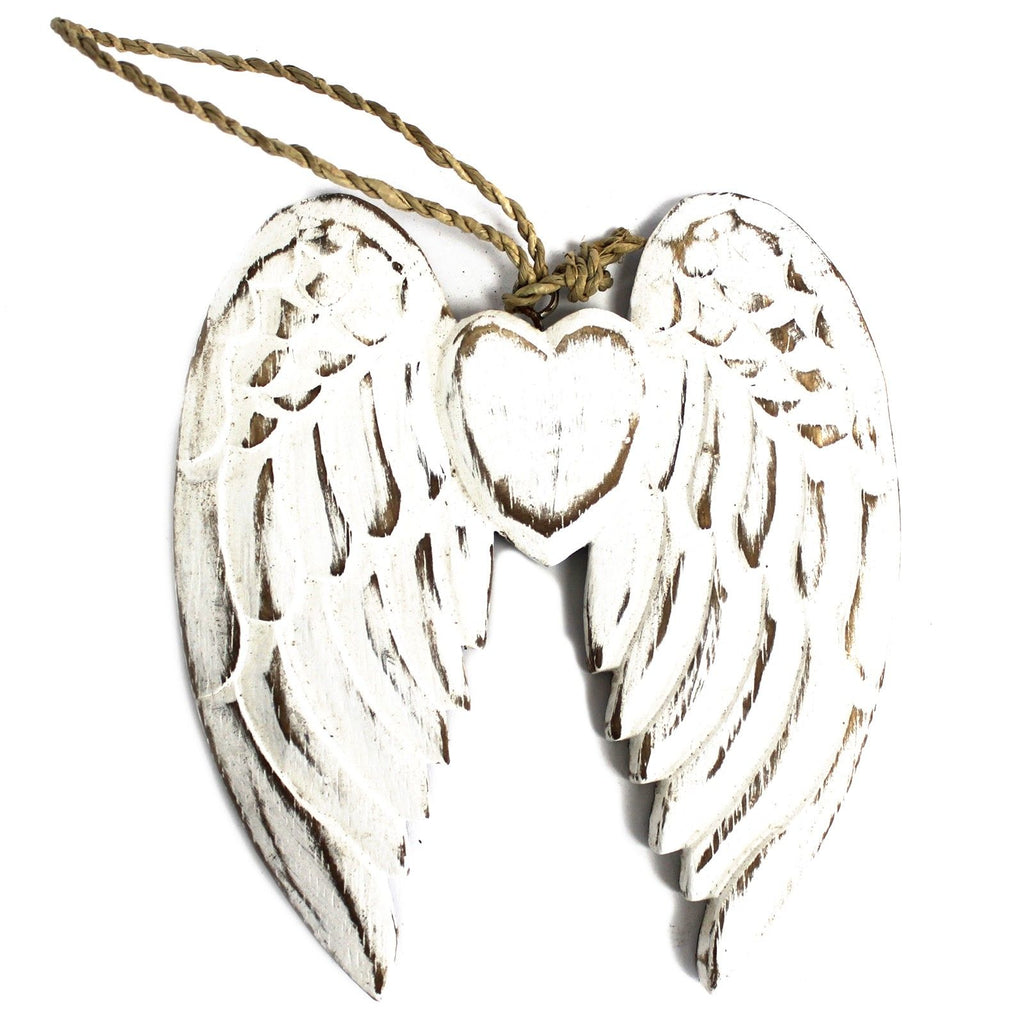 Petites doubles ailes d’ange et cœur sculptés à la main – 15 cm