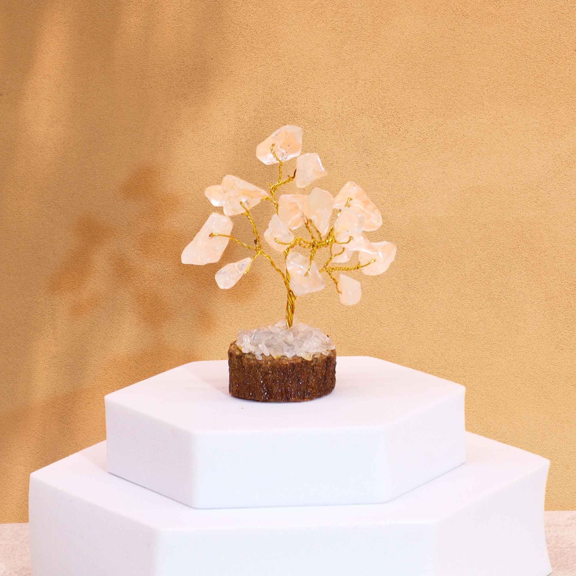 Mini Arbres en Pierres Précieuses sur Socle en Bois – Quartz Cristal de Roche (15 pierres)