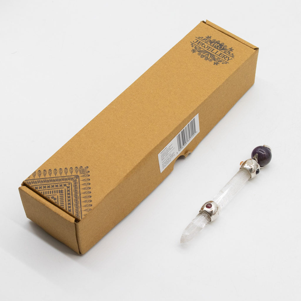 * Baguette Prisme céleste en améthyste – Sphère mobile et tige en quartz, 12 cm
