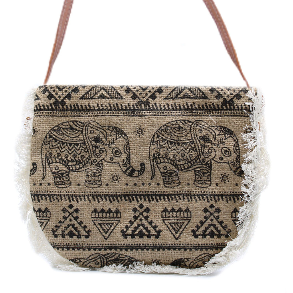 Fab Fringe Bag – Elephant Print | Sac en Jute Brodé à la Main | Style Bohème & Naturel