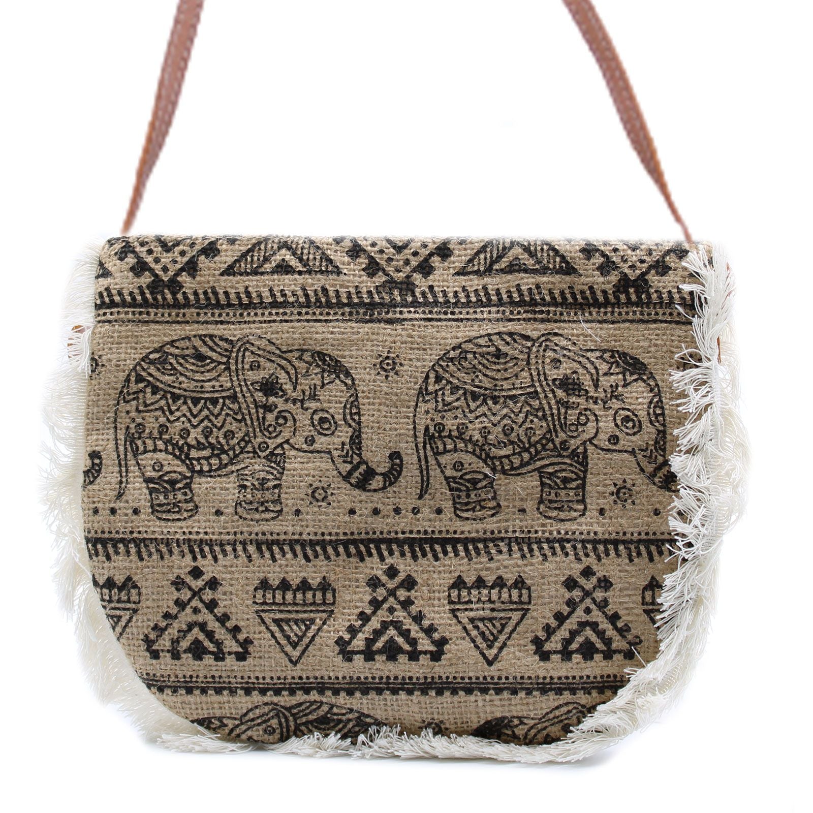 Fab Fringe Bag – Elephant Print | Sac en Jute Brodé à la Main | Style Bohème & Naturel