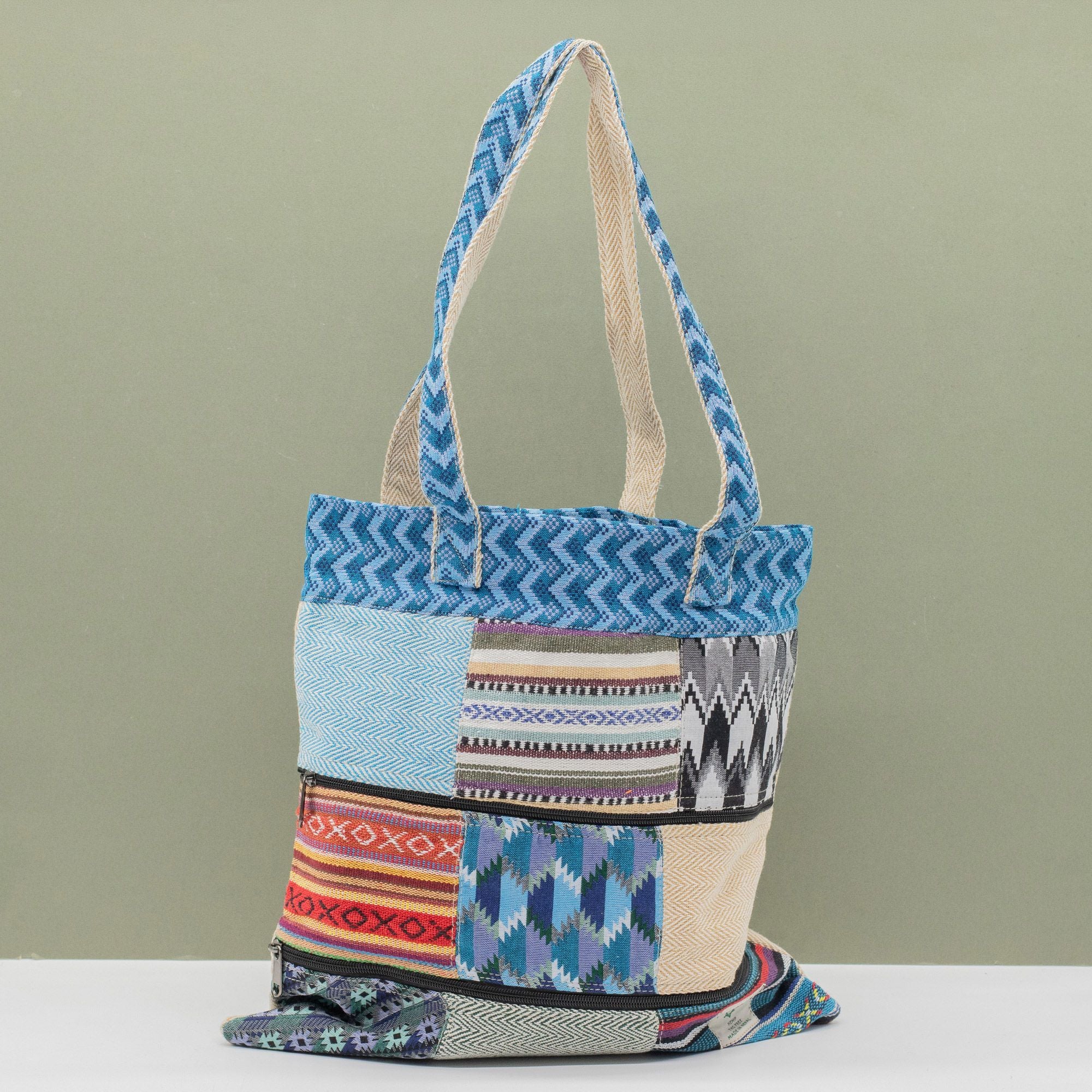 Tote Bag Patchwork Katmandou – Motif Dhaka Tissé Main | 37x38cm | Artisanal Népal