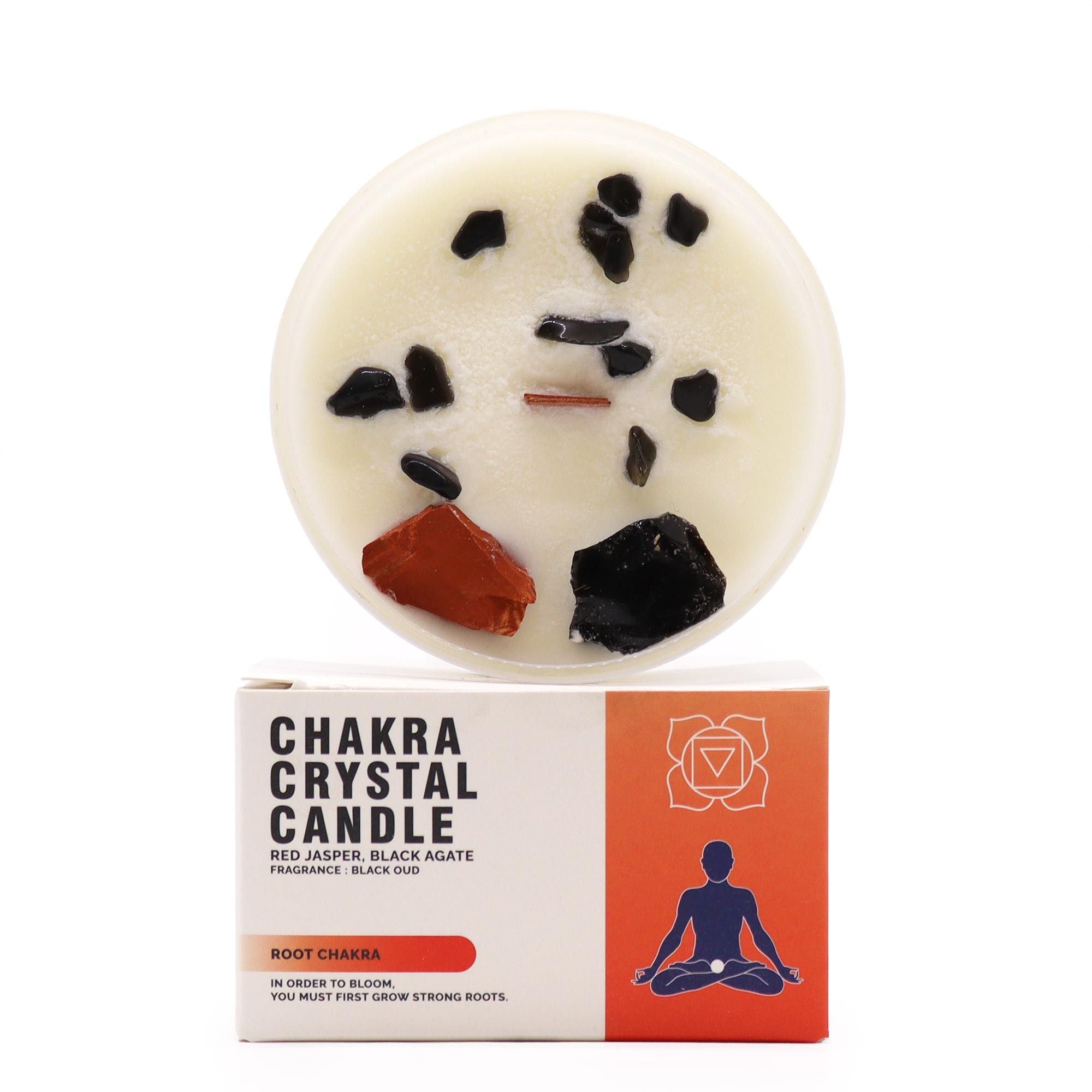Bougie Cristal Chakra Racine – Jaspe Rouge & Agate Noire
