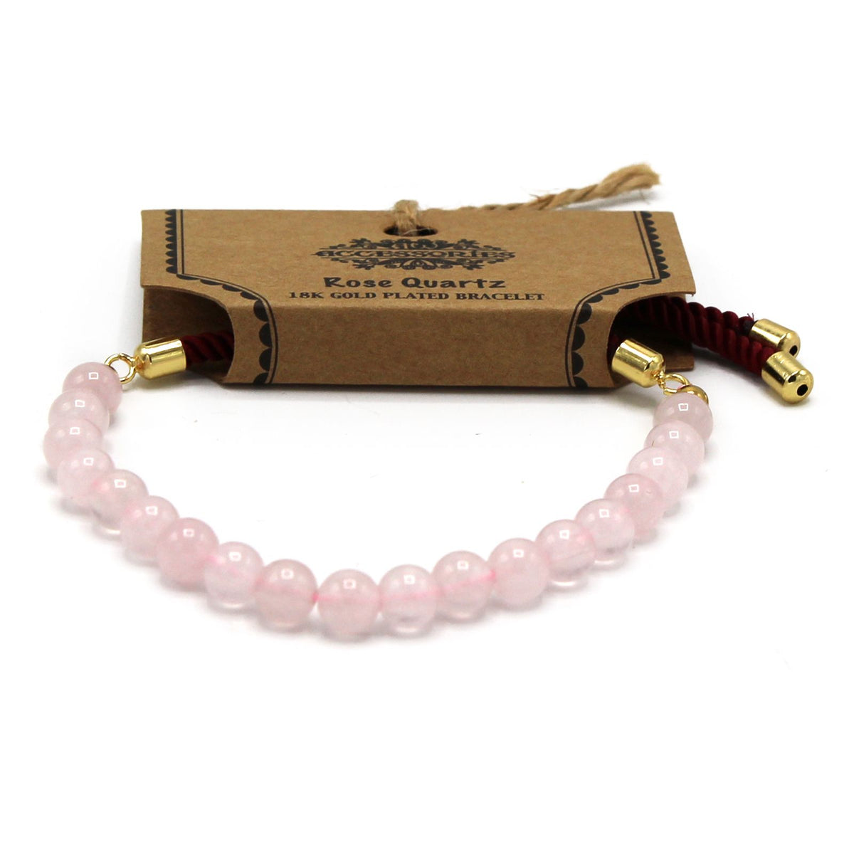 Bracelet cordon bordeaux en quartz rose, fermoir plaqué or 18 carats