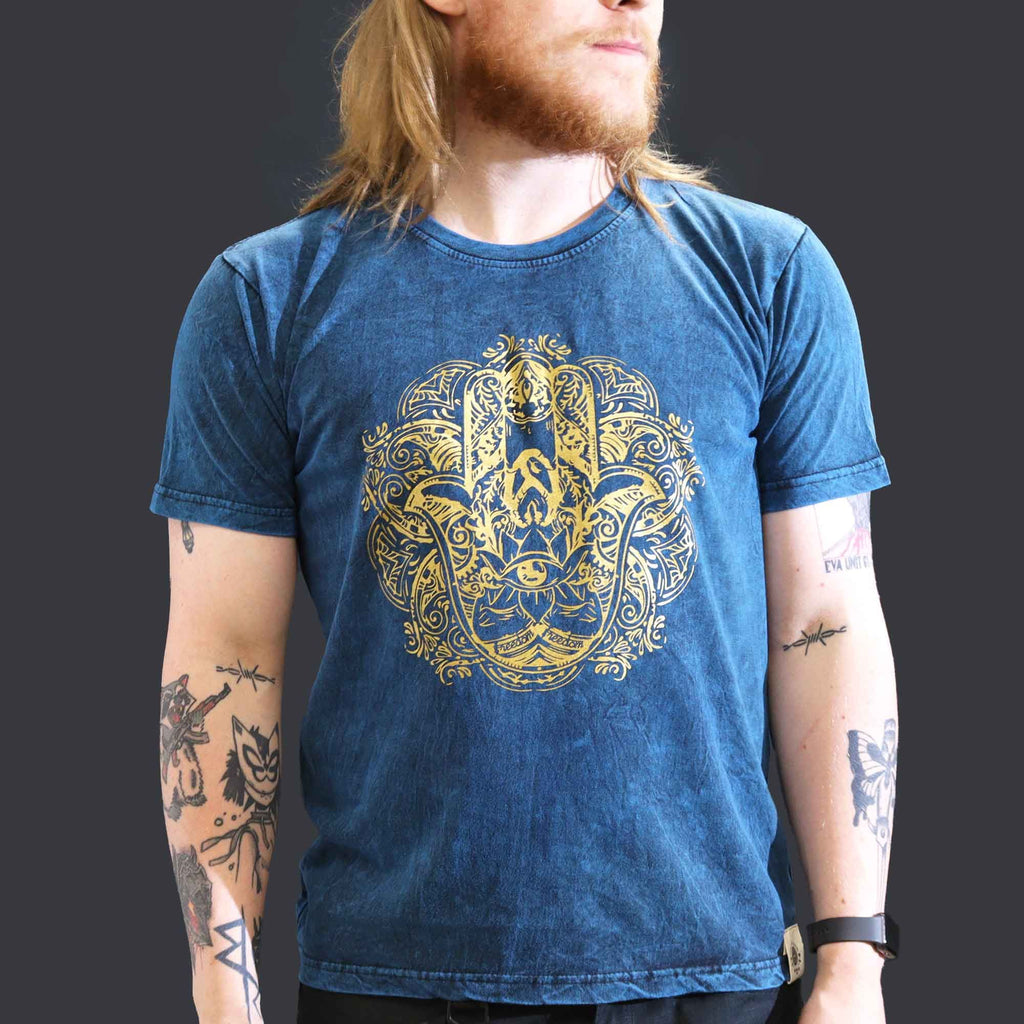 * T-Shirt en Coton Délavé Nomad Sari – Hamsa – Bleu – L
