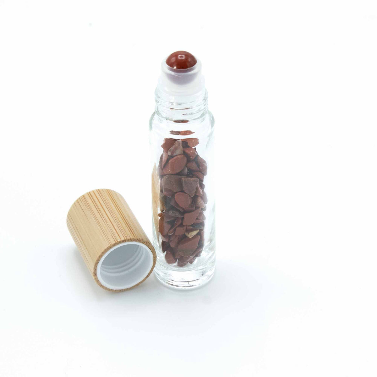 * Flacon roll-on pour huiles essentielles en jaspe rouge – 5 ml, bouchon en bois et bille en jaspe rouge