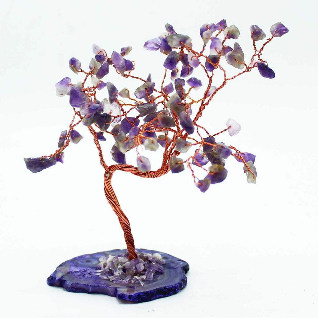 Grand arbre décoratif en améthyste sur base en agate naturelle (100 pierres)