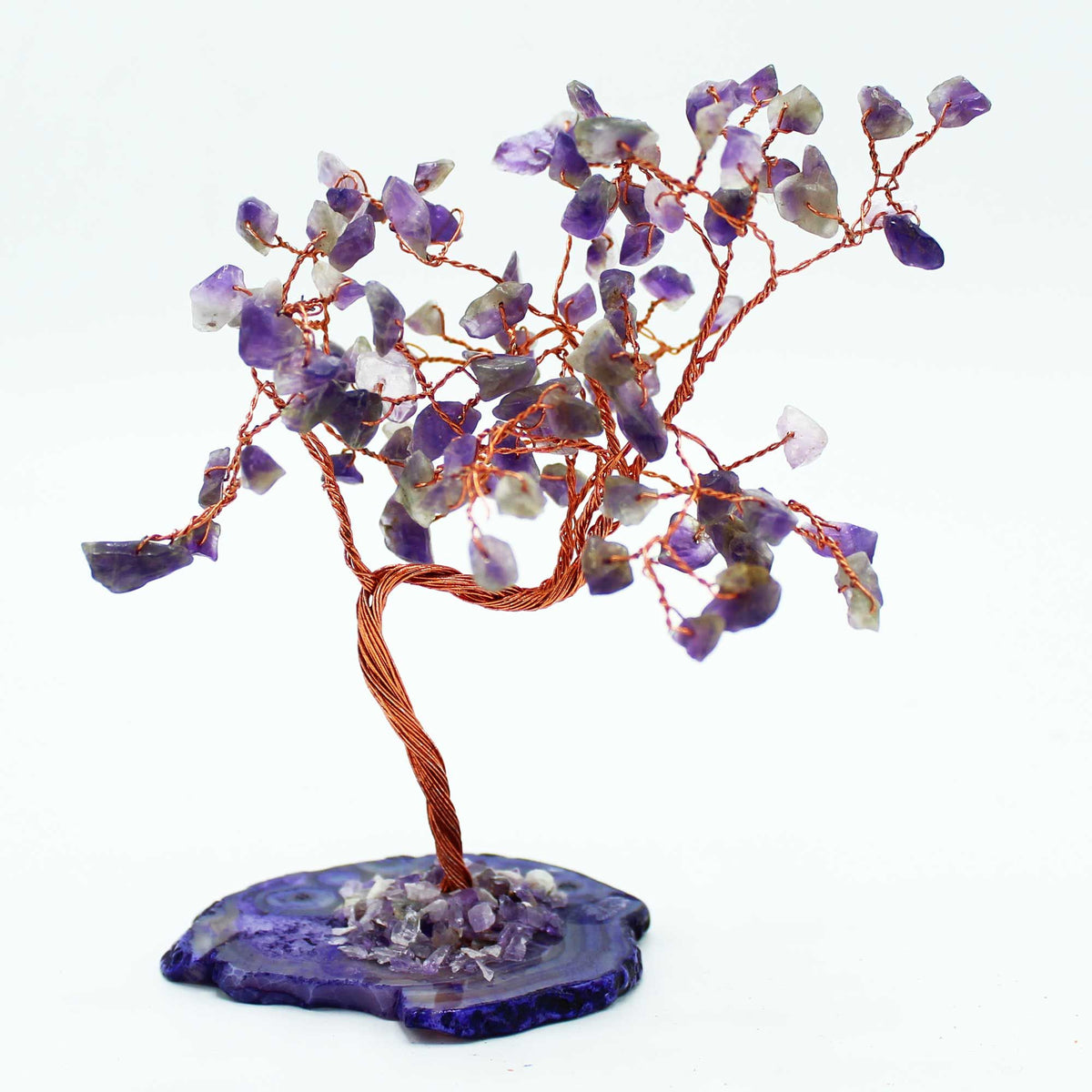 Grand arbre décoratif en améthyste sur base en agate naturelle (100 pierres)