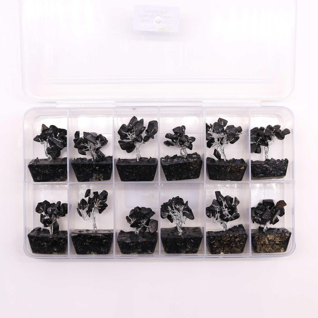 Mini Arbres en Pierres Précieuses sur Base d'Orgonite – Agate Noire (15 pierres)