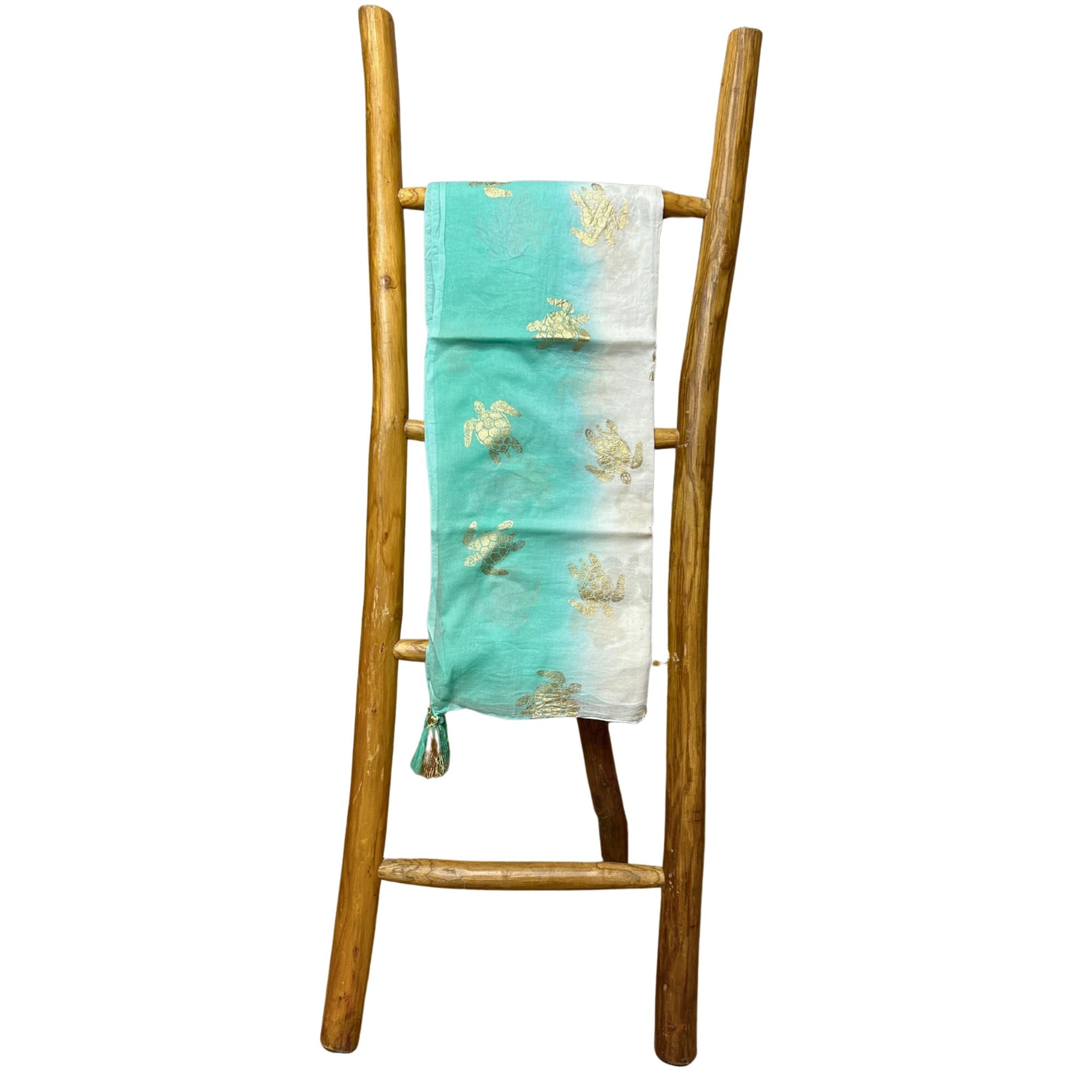 Paréo Femme Blanc & Turquoise Tortue Dorée Peinte à la Main – Collection Nomad Sari Méditerranée
