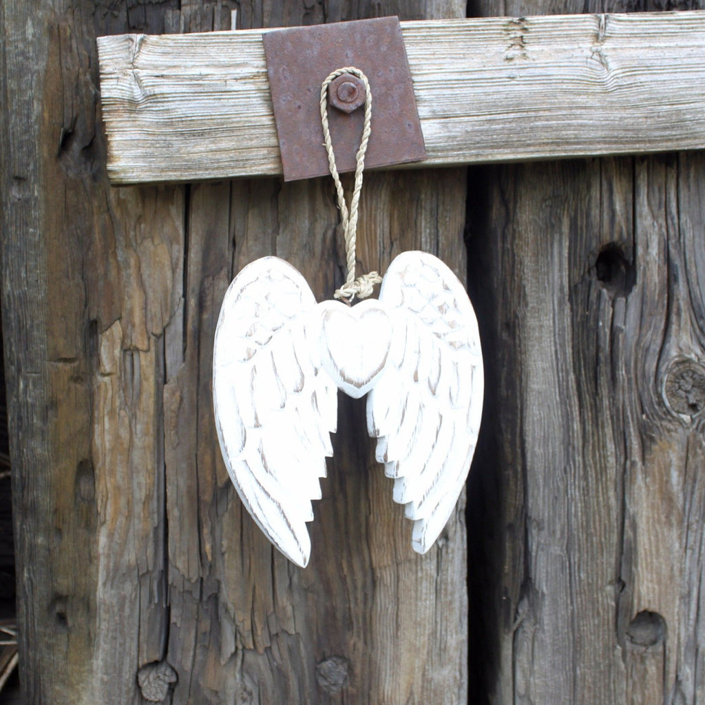 Petites doubles ailes d’ange et cœur sculptés à la main – 15 cm