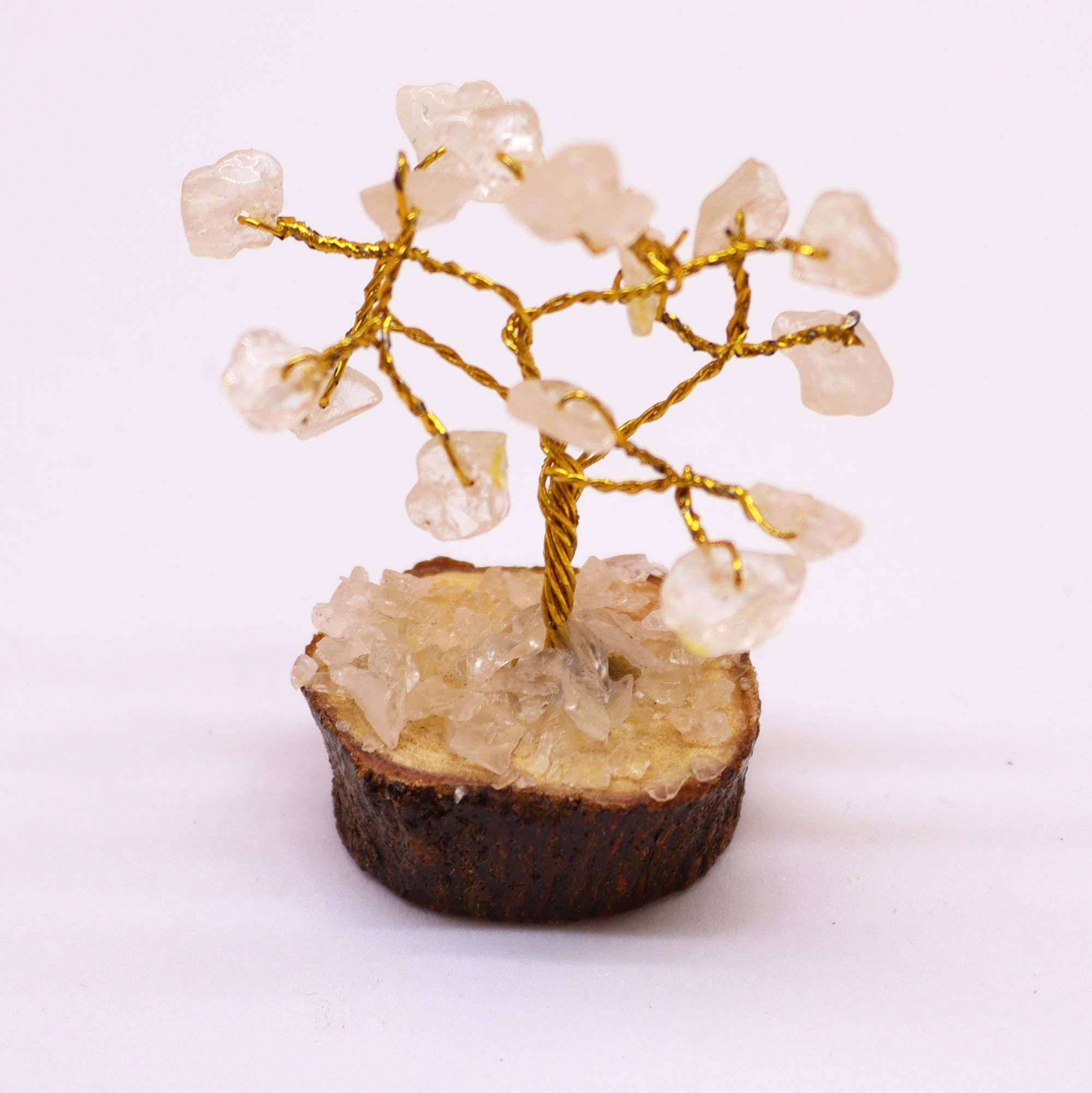 Mini Arbres en Pierres Précieuses sur Socle en Bois – Quartz Cristal de Roche (15 pierres)