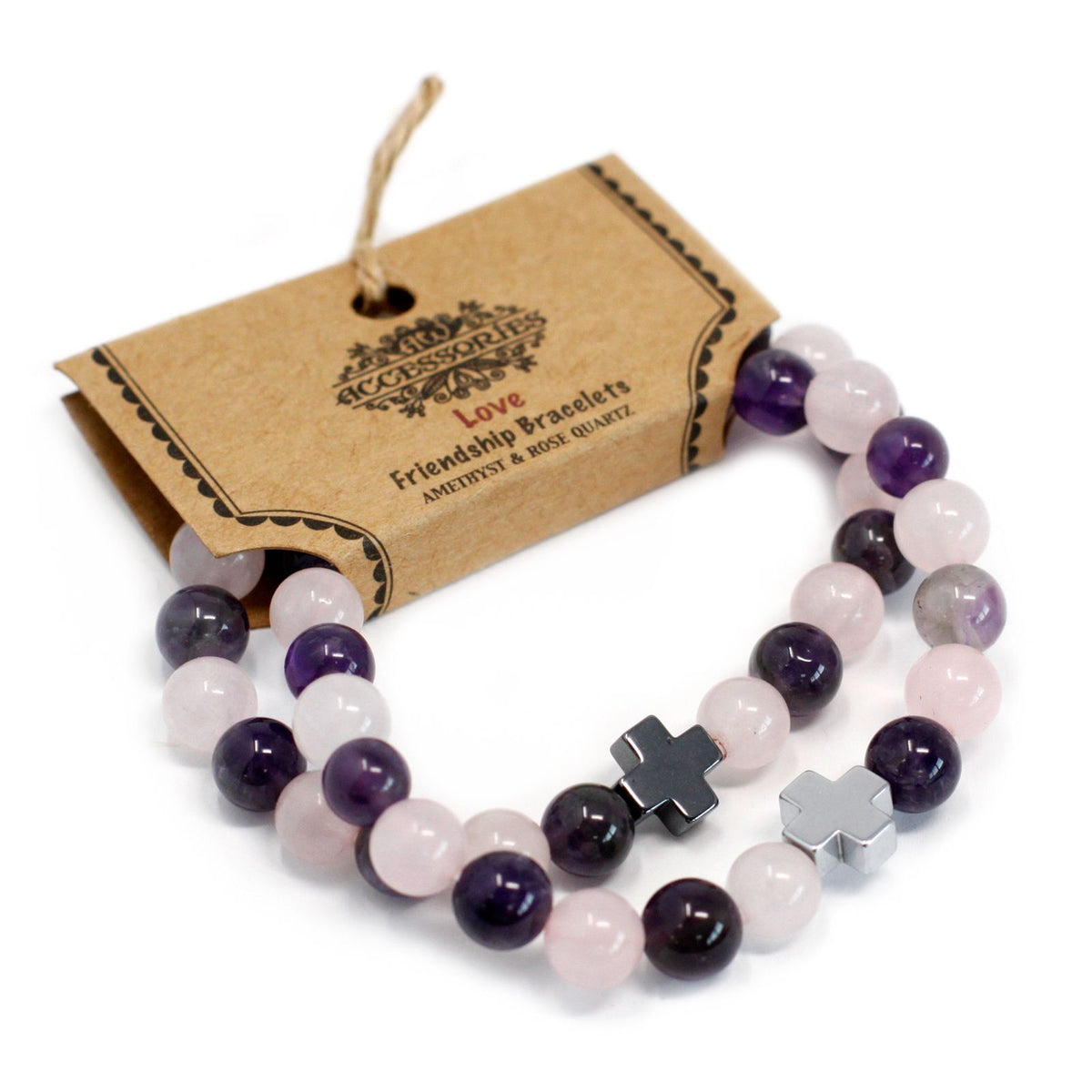Lot de 2 bracelets d’amitié « Amour » en améthyste et quartz rose