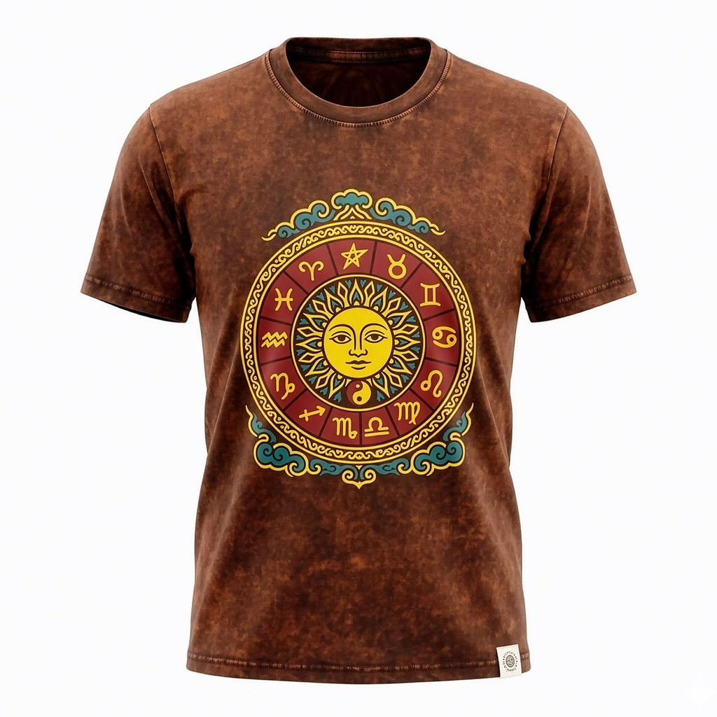 * T-Shirt en Coton Délavé Nomad Sari – Soleil & Zodiaque – Marron – L