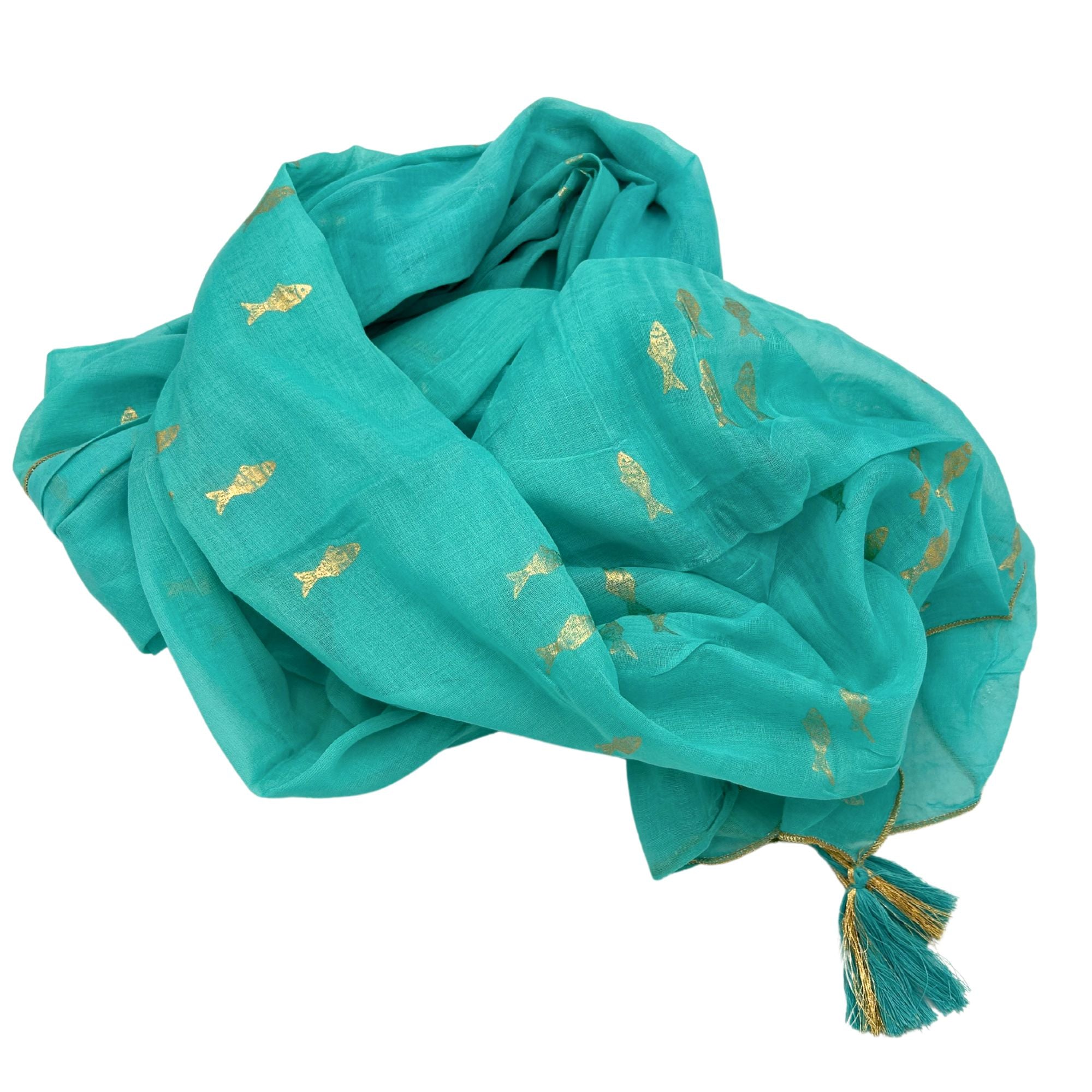 Paréo Femme Turquoise & Poisson Doré Peint à la Main – Collection Nomad Sari Méditerranée